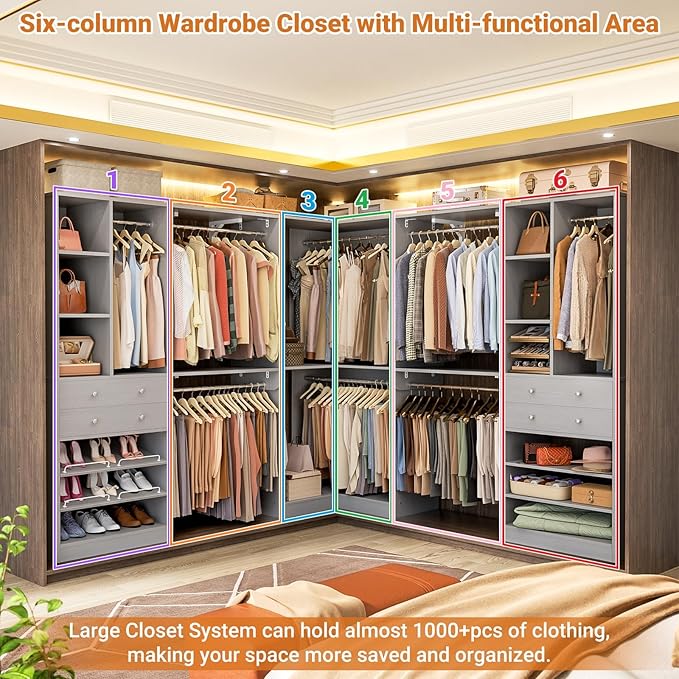 Closet System (Set of 3) with 4 Drawers, 8 Hanging Robs, 91.5"/151" Closet Organizer System with Corner Tower, Reversible Walk-in Closet System Corner Closet System, Morandi Grey