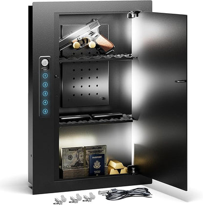 Grimtron Quick Access Wall Safe with Removable Pegboard & Shelfs, Flat Hidden Wall Safes Between The Studs 16" Centers, Black Wall Mount Safe for Valuables, Gifts for Men and Women