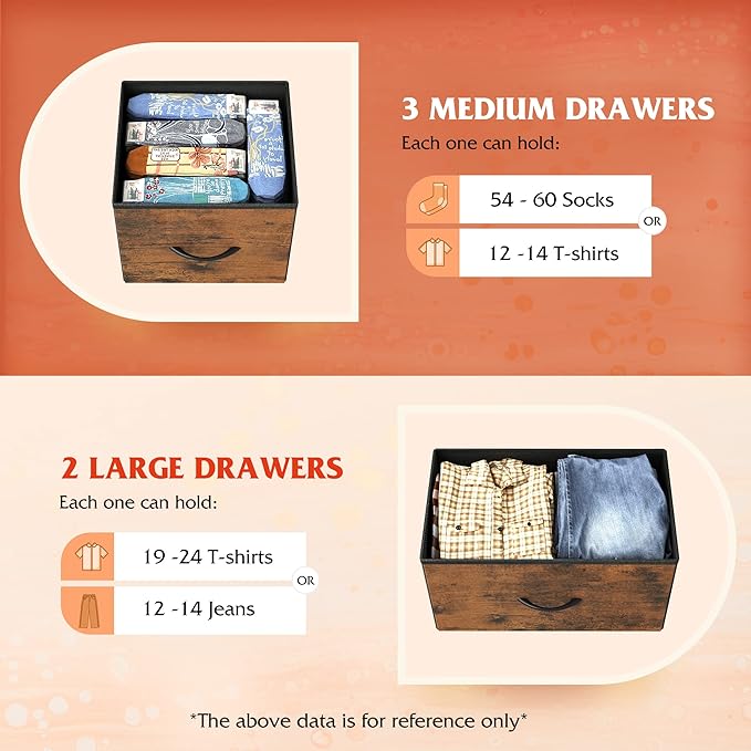 WLIVE Dresser for Bedroom with 5 Drawers, Long Fabric Dresser, Storage Drawer Unit with Fabric Bins for Closet, Hallway, Rustic Brown Wood Grain Print, Size L