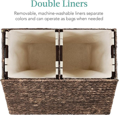 Best Choice Products Large Double Laundry Hamper with Lid, Natural Handwoven Water Hyacinth, 2 Sections w/ 2 Machine Washable Linen Liner Bags, Portable, Handles - Espresso