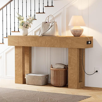 63 Inch Long Console Table w/Outlets & USB Ports, Narrow Rectangular Sofa Table Behind The Couch, Farmhouse Entryway Table for Entrance, Hallway, Living Room