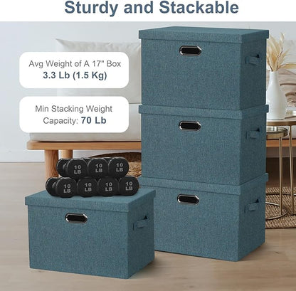 Large 17" 36 Quart Collapsible Stackable Storage Bins with Lids, 3 Packs Blue-Green Linen Fabric Closet Boxes with Lids, Storage Cube Baskets Container Organizers for Bedroom (17x12x11)