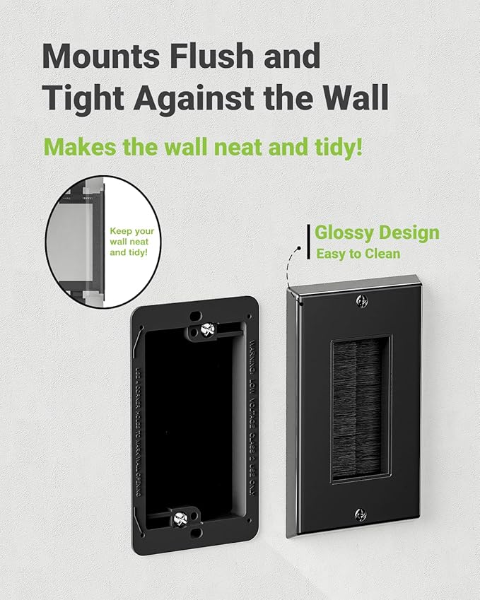 Brush Wall Plate with Mounting Bracket, 4 Pack Cable Pass Through Decorator Cover for Low Voltage Wires, Single Gang Cord Hider for TV Home Theater System, Black