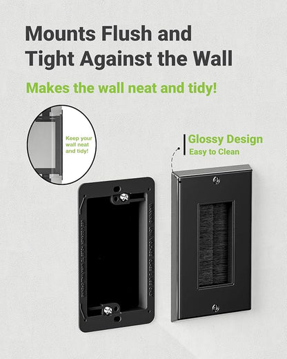 Brush Wall Plate with Mounting Bracket, 4 Pack Cable Pass Through Decorator Cover for Low Voltage Wires, Single Gang Cord Hider for TV Home Theater System, Black