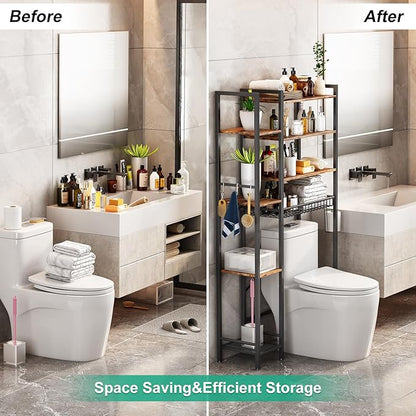 8-Tier Over The Toilet Storage with Side Rack, Over Toilet Storage Rack with Adjustable Shelf & Drain Basket, Freestanding Bathroom Organizer for Balcony, Laundry (Vintage Brown)