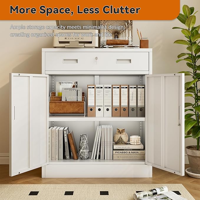 BESFUR Metal Garage Storage Cabinet with One Lockable Drawer 2 Locking Doors and an Adjustable Shelf, 36" White Metal Short Storage Cabinet for Home Office, Garage,School,Utility Room