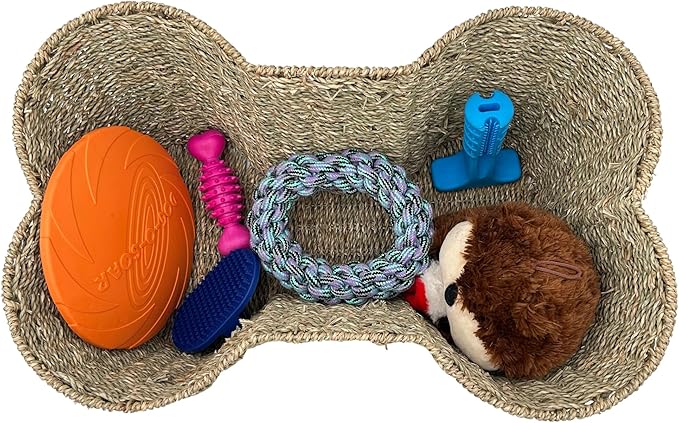 Dog Toy Basket, Seagrass Bone Shaped Dog Toy Bin, Handmade Pet Organizer And Storage, Toy Box for Cats (Large (22x14))