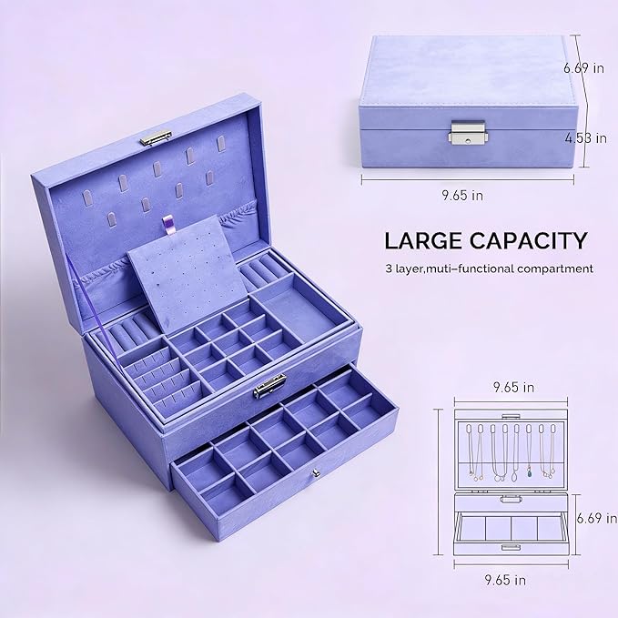 Jewelry Organizer Box for Women with Drawers, 3-Tier Large Capacity Jewelry Storage Organizer Vintage Lockable Display Case with Compartments for Necklaces, Bracelets, Rings, Earrings