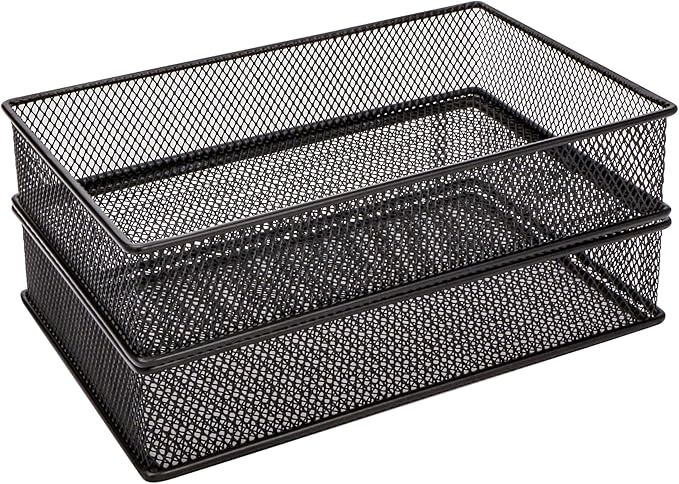 Annova Mesh Stackable Drawer Cabinet and Shelf Organizer Bins Storage Basket School Office Supply Holder Tray- Set of 2 (Black, 6x9x2 Inch)
