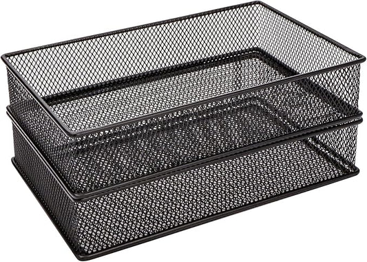 Annova Mesh Stackable Drawer Cabinet and Shelf Organizer Bins Storage Basket School Office Supply Holder Tray- Set of 2 (Black, 6x9x2 Inch)