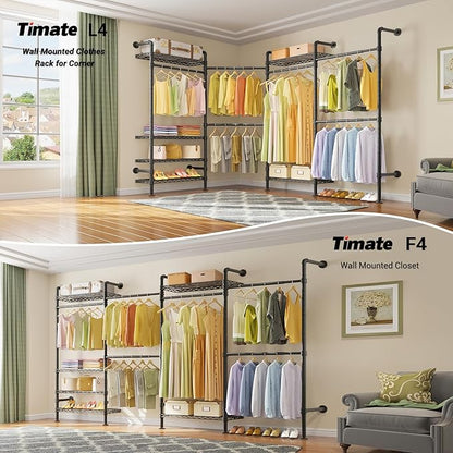 Timate F4 Wall Mounted Clothes Rack Industrial Pipe Clothing Rack for Hanging Clothes, Expandable Garment Rack Heavy Duty Wardrobe Closet Organizer and Storage, Black Adjustable Industrial Closet Kit
