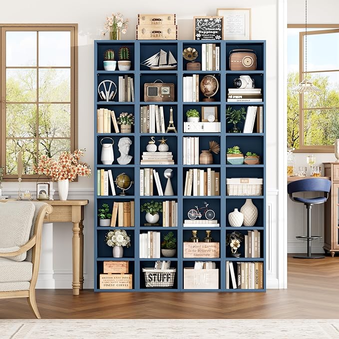 FOTOSOK 2 Pcs 71'' Tall Narrow Bookshelf, 8-Tier Media Tower Rack Set of 2, CD DVD Storage Cabinet with Adjustable Shelves, Tall Narrow Bookcase Skinny Display Bookshelf Slim Shelf, Blue