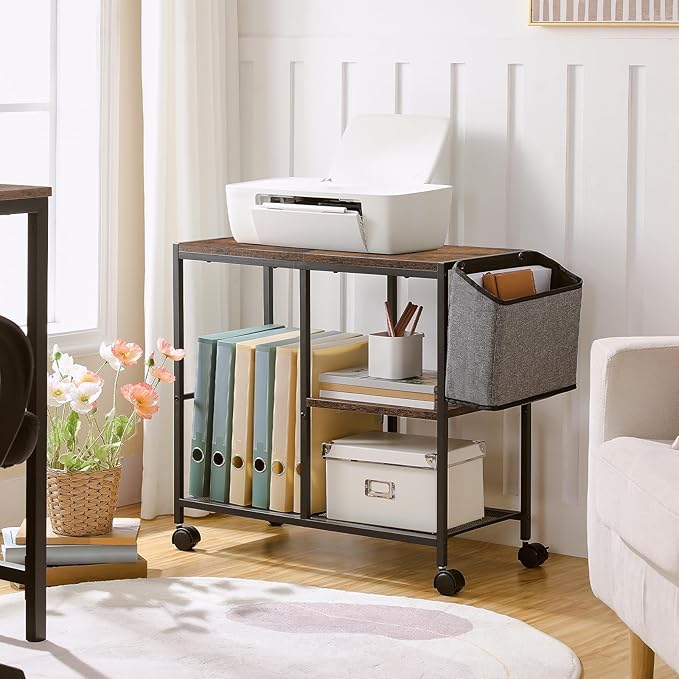 Printer Stand with Storage Bag, 3-Tier Mobile Under Desk Printer Cart with Wheels, Wood Rolling Printer Table, Organizer Shelf for Study, Office, Living Room, Rustic Brown PTHR2201