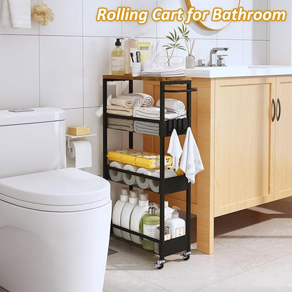 Slim Rolling Utility Cart, 4 Tier Metal Narrow Storage Cart with Handle and Wood Top, Multifunctional Small Mobile Shelf Unit Organizer Trolley for Laundry, Bathroom, Kitchen