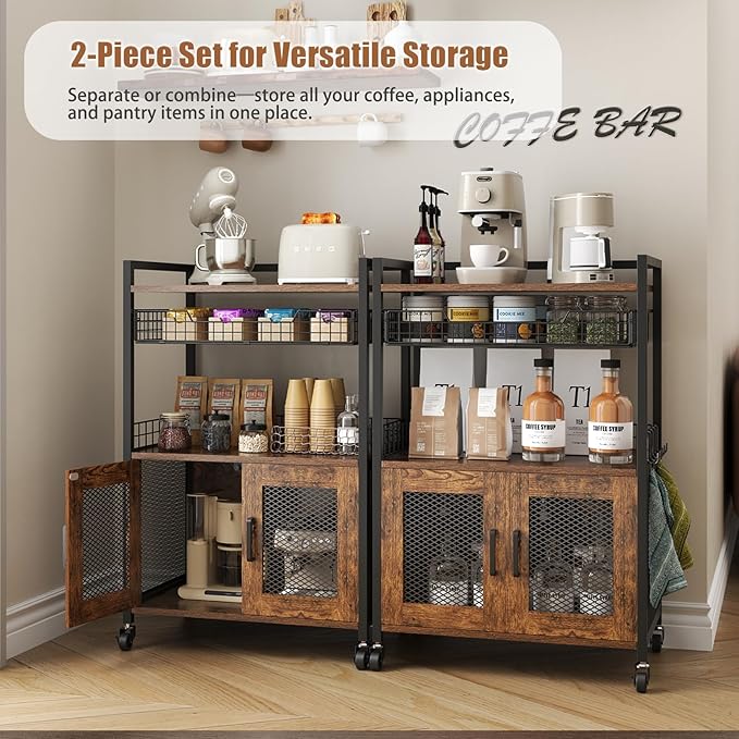 Coffee Bar Cabinet, 3 Tier Coffee Station Table on Wheels, 35.9" H Bar Cart with Wire Basket Drawer & 5 Hooks for Home Kitchen, Liquor Buffet Sideboard Cabinet (Rustic Brown)