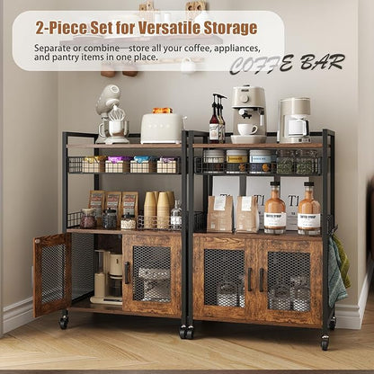 Coffee Bar Cabinet, 3 Tier Coffee Station Table on Wheels, 35.9" H Bar Cart with Wire Basket Drawer & 5 Hooks for Home Kitchen, Liquor Buffet Sideboard Cabinet (Rustic Brown)