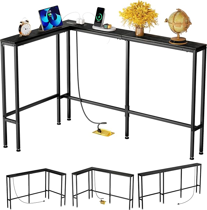 GRLEAF L Shaped 78" Narrow Console Sofa Table with Built-in Power Strip (2 AC Outlets & 2 USB Ports) – 4.9ft Power Cord, Metal Frame, Easy Assembly, Ideal for Behind Couch, Hallway (Black, 78IN)