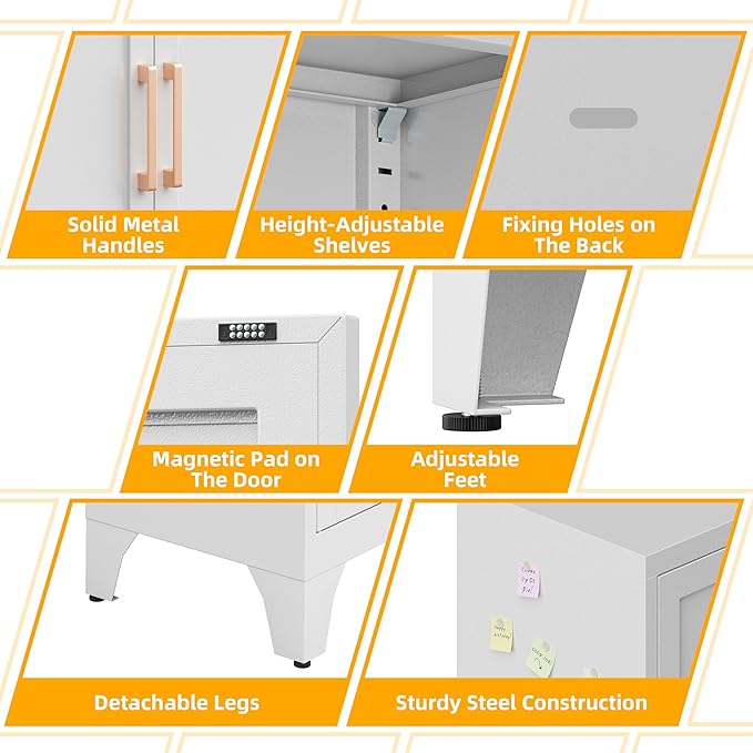 61"H Metal Pantry Cabinet with 2 Doors and 3 Adjustable Shelves,Food Storage Cabinet with Gold Handle for Kitchen,Dinning Room,Home Office,Living Room,Easy Assembly (White,61"H x13.8"D x27.6"W)