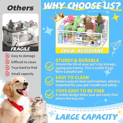 Indestructible Dog Toy basket, Medium Toy Box for Dogs,Pet Toy Bin Dog Metal Basket for Toys, Dog Toy Storage, Dog Storage Organizer,Dog Toy Box for Living Room Area (White)