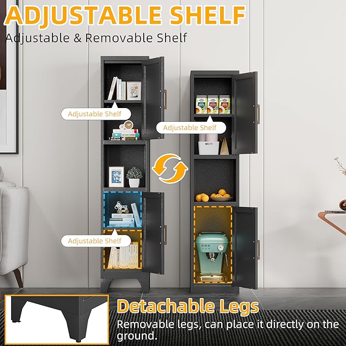 67" H Black Metal Narrow Pantry Cabinet with 2 Doors and 2 Adjustable Shelves, 5 Tier Small Thin Storage Cabinet with Legs and Gold Handle for Kitchen,Home Office,Bath,Laundry,Easy Assembly