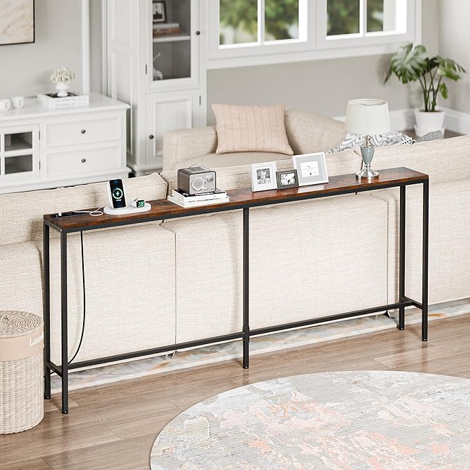 Nouva 70 Inch Narrow Console Table with Outlet, Sofa Table with Charging Station, Behind Couch Table with Metal Frame for Living Room, Rustic Brown
