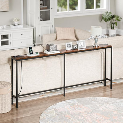 Nouva 70 Inch Narrow Console Table with Outlet, Sofa Table with Charging Station, Behind Couch Table with Metal Frame for Living Room, Rustic Brown