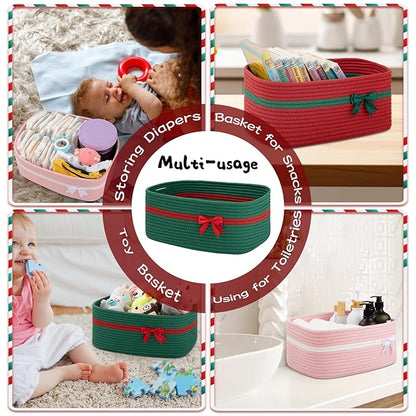 OIAHOMY Large Woven Storage Basket with Handles for Nursery Living Room Shelves, Bow Basket for Gifts Empty with Gift Bags and Ribbons for Baby Showers Pet Toy Bin - Christmas Green