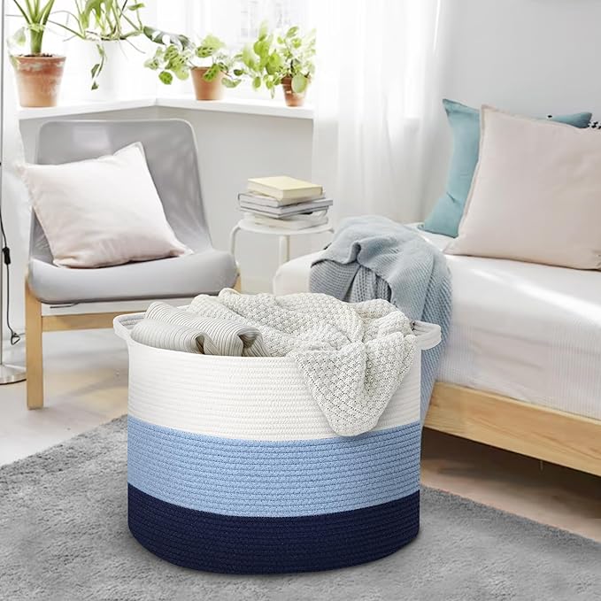 Large Kids Toy Basket, 22" x 14" Soft Woven Cotton Rope Basket, Toy Storage Bin for Kids, Big Baby Nursery Organization, Floor Stuffed Animal Storage, Blanket Pillow Holder for Living Room
