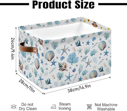 Sea Shells Starfish Rectangle Storage Basket - Ocean Themed Collection Collapsible Storage Baskets with Handles - Ocean Conch Pattern Storages Bin for Kids Clothes, Gifts, Books, Toys
