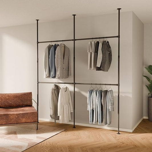 pamo Black Industrial Pipe Clothing Rack - LOFT II - Steplessly Adjustable Closet Organizer System for Ceiling Heights between 86" - 98"- Suitable as Closet Clothes Rack or Room Divider