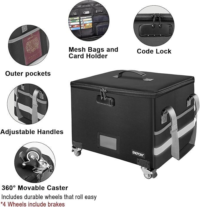ENGPOW Fireproof Document Box with Wheels, Collapsible File Box with Lock, Rolling File Storage Organizer Filing Cabinet with Pockets, Portable Home Office Safe for Hanging Letter/Legal Folder