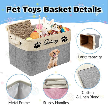 Personalized Dog Toy Storage Basket Bin with Name Photo Custom Pet Collapsible Organizer Box Container for Toys Coats Clothing Blankets