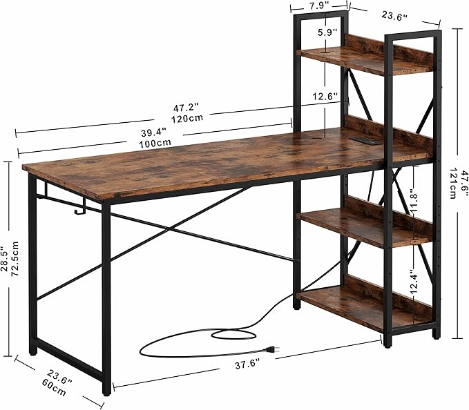 IRONCK Computer Desk 47" with Power Outlet and Storage Shelves, Study Writing Table with USB Ports Charging Station, PC Desk Workstation for Home Office, Rustic Brown