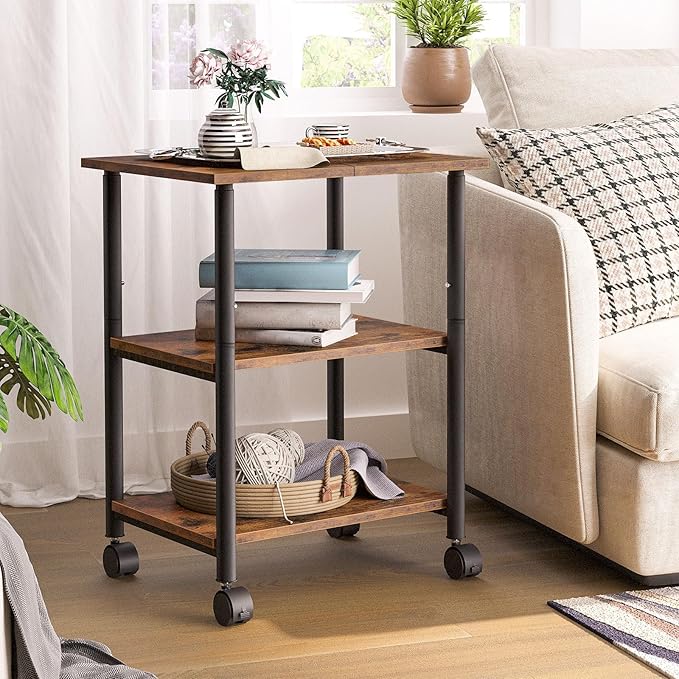 HOOBRO Printer Stand, 3-Tier Industrial Under Desk Printer Cart with Shelf, Mobile Heavy Duty Storage Rack on Wheels for Home, Office Rustic Brown and Black BF03PS01G1