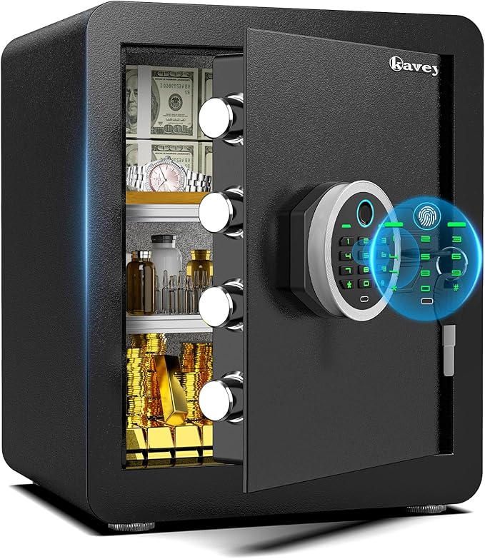 Kavey 2.0 Cub Biometric Fingerprint Safe Box, Home Safe with Dual Alarm System, Money Safe With Mute Function and LED Light, Safes with Removable Shelf, Safes for Money Valuables