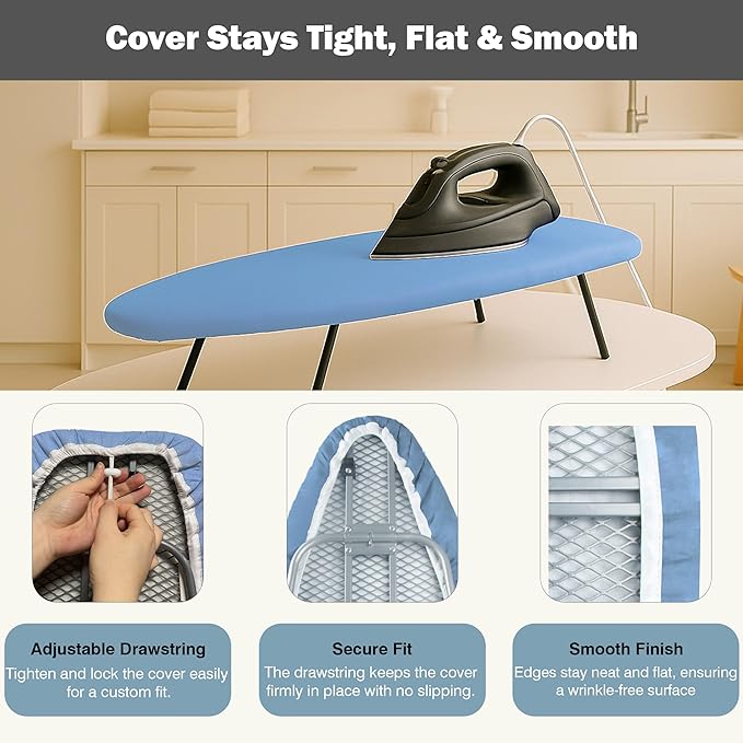 Small Ironing Board Cover and Pad 12.5"x30" Small Iron Board Cover with Padding, Tabletop Mini Ironing Board Cover and Pad Small Size, Cotton Canvas, Heat Resistant, Drawstring Closure Blue