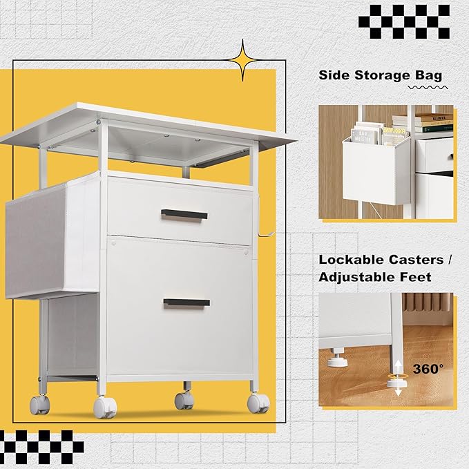 File Cabinet Printer Stand, Fabric Mobile Filing Cabinet with 2 Storage Drawers, for Hanging A4, Letter Size File Folders, Open Shelf with Storage Bag and Hooks Home Office, White