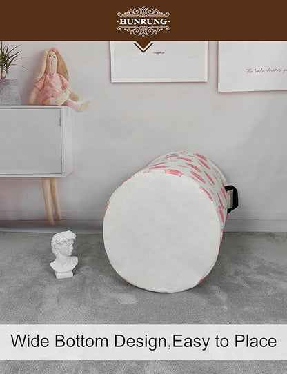 HUNRUNG Laundry Hamper,Large Canvas Fabric Lightweight Storage Basket Toy Organizer Dirty Clothes Collapsible Waterproof for College Dorms（Round-Pink Paw）