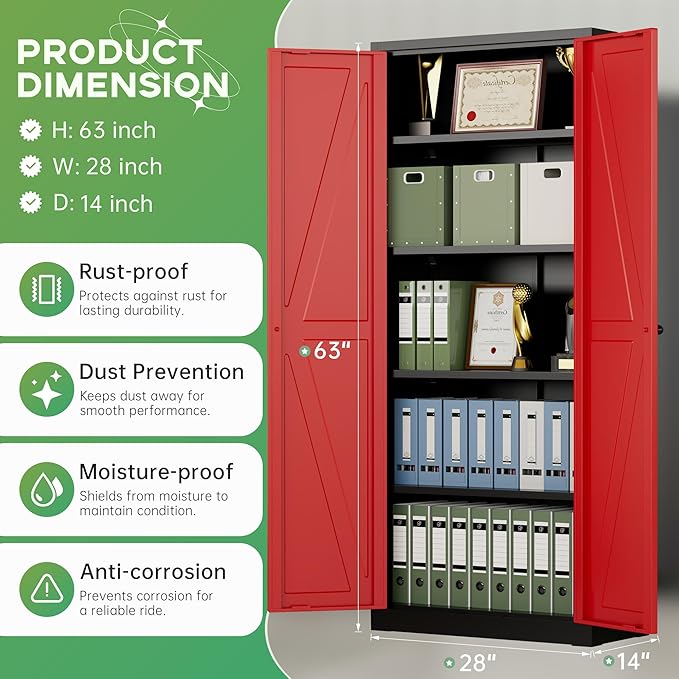 INTERGREAT Metal Storage Cabinet with Magnetic Doors, 63" H Modern Classic Style Metal Cabinets with 2 Doors and 4 Adjustable Shelves for Home Office, Kitchen, Bathroom (Black Red)