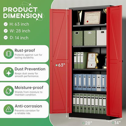 INTERGREAT Metal Storage Cabinet with Magnetic Doors, 63" H Modern Classic Style Metal Cabinets with 2 Doors and 4 Adjustable Shelves for Home Office, Kitchen, Bathroom (Black Red)