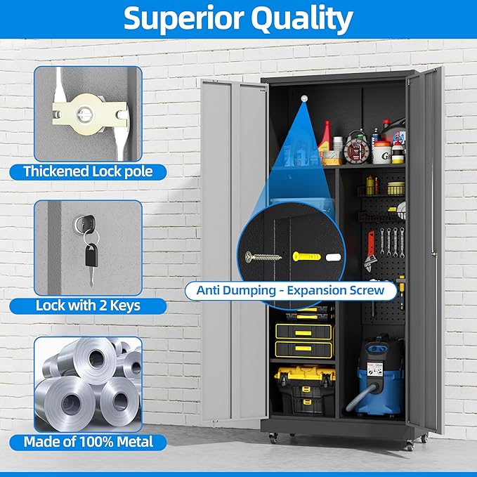Garage Storage Cabinet with 4 Wheels,Lockable Tool Cabinets with Pegboard and 4 Adjustable Shelves,71" H Broom Closet Cabinets for Utility Room,Workshop