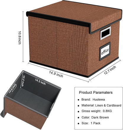 Huolewa Upgrade Portable File Organizer Box with Lid,Large Linen Hanging Office Document Storage Box with Lid,Collapsible Filing&Storage Box for Office/Decor/Home-14.9x12.7x10.8in,1pk-without folders
