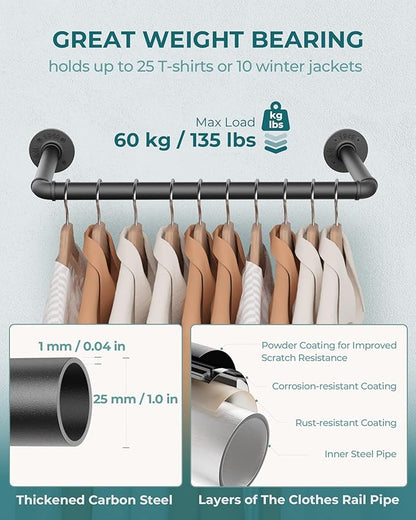 OROPY Industrial Pipe Clothes Rack 21.2” Set of 2, Heavy Duty Wall Mounted Black Iron Garment Bar, Multi-Purpose Clothing Hanging Rod for Laundry Room and Closet Storage
