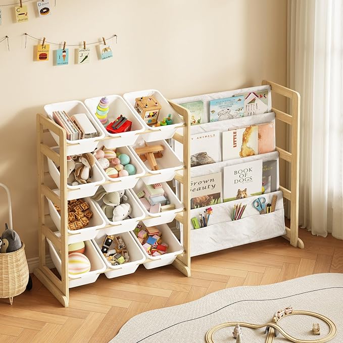 Toy Storage Organizer with Bookshelf - 12 Storage Bins 4-Tier Multipurpose Shelf to Organize Toys and Books for Kids Room, Playroom, Nursery Room, White
