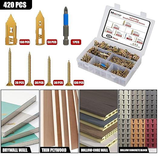 420 Pcs Self Drilling Drywall Anchors with Screws Kit, 2 Sizes Drywall Anchors and 4 Sizes Zinc Plated Screws, Holds Up to 100lbs, No Pre-Drill Needed, for TV, Shelf Straps, Picture Frames