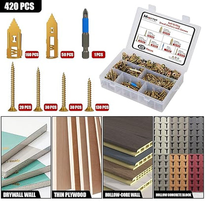 420 Pcs Self Drilling Drywall Anchors with Screws Kit, 2 Sizes Drywall Anchors and 4 Sizes Zinc Plated Screws, Holds Up to 100lbs, No Pre-Drill Needed, for TV, Shelf Straps, Picture Frames