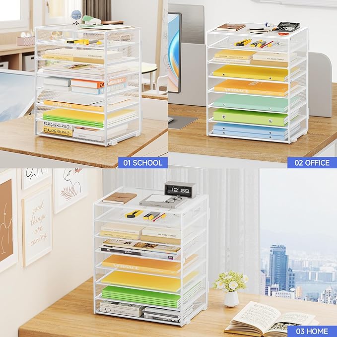 8 Tier Paper Organizer with Handle, Metal Mesh Desk File Organizer, Large Capacity Desk Organizers Paper Letter Tray Desktop Document Sorter for Office, Home or School - White