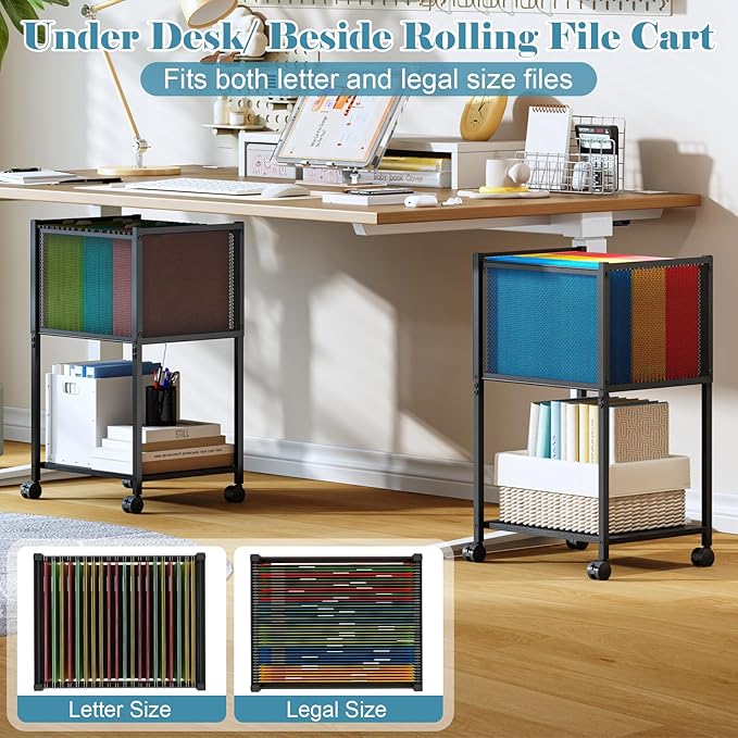 Letter/Legal Rolling File Cart, Narrow Mobile File Cabinet with Wheels Hanging Files, Metal Hanging File Folder Cart File Organizer Under Desk Storage for Home Office, Black