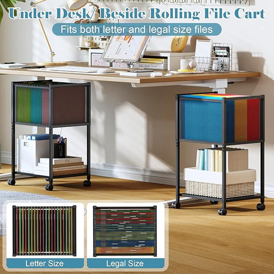 Letter/Legal Rolling File Cart, Narrow Mobile File Cabinet with Wheels Hanging Files, Metal Hanging File Folder Cart File Organizer Under Desk Storage for Home Office, Black