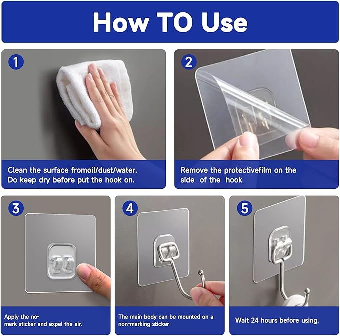 20 Pack Large Sticky Hooks for Hanging Heavy Duty, Wall Hooks Adhesive, Clear self Adhesive Hooks for Wall, Kitchen, Bathroom, Shower & Ceiling